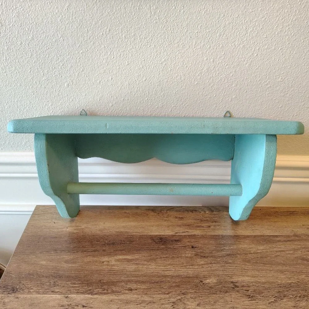 Vtg Wooden Display Hanging Shelf Towel Bar Painted Turquoise Beach Cottage Decor